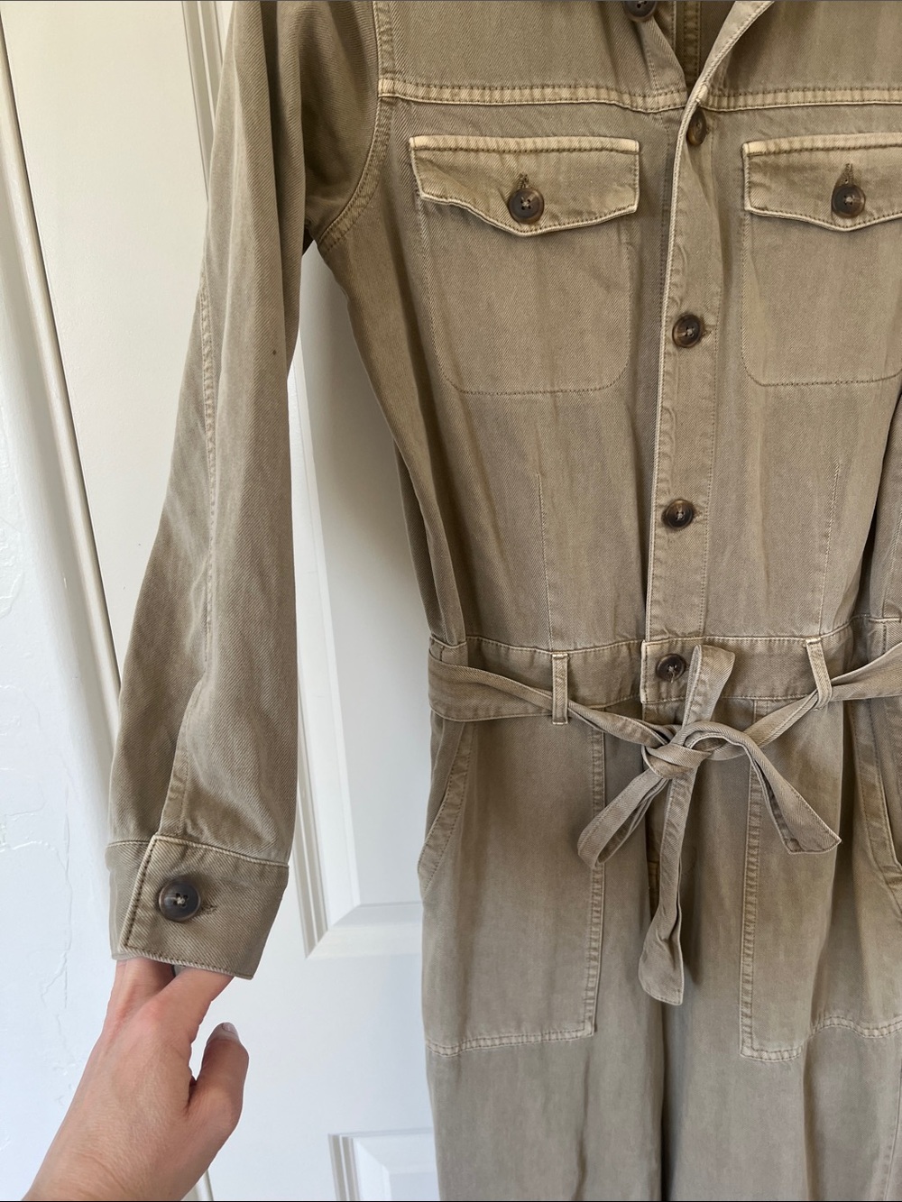 Lucky Brand Olive-Taupe Utility Jumpsuit with Waist Tie - Picture 4 of 15